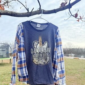 Reworked Outlaw Country Long Sleeve Tee - Blue and Brown